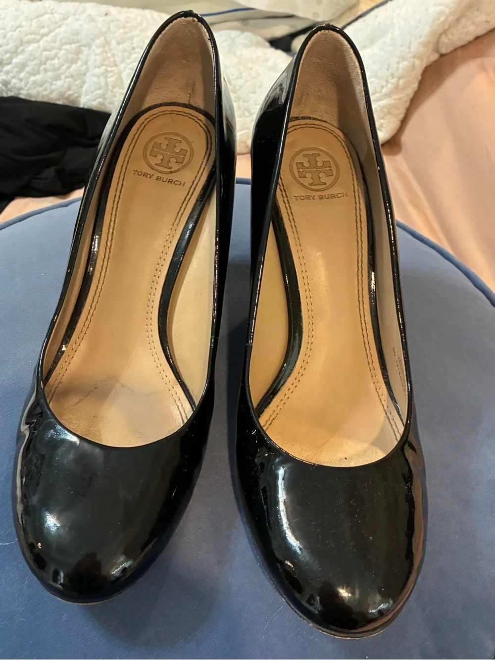 Tory Burch Black Patent Leather Wedge Pumps